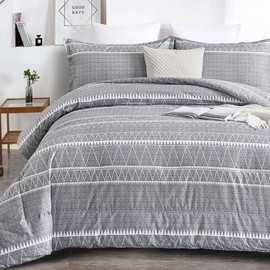 WONGS BEDDING Grey Comforter Set Full, Soft Microfiber Reversible Gray Boho Striped Down Alternative Comforter Set for Full Bed - 3 Pieces (1 Comforter + 2 Pillowcases), Bedding Duvet Set 79"x 90"