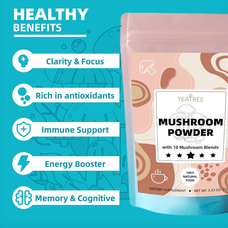 10 Mushrooms Powder, Mushroom Supplement Blend for Coffee, Beverages &