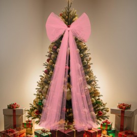 Soulchen 49 Inches Christmas Tree Topper Bow Large Fluffy Tulle Christmas Bow for Car Giant Wreath Wall Decor with Long Streamers for Xmas Home Wedding Car Holiday Decor Supplies(Pink)