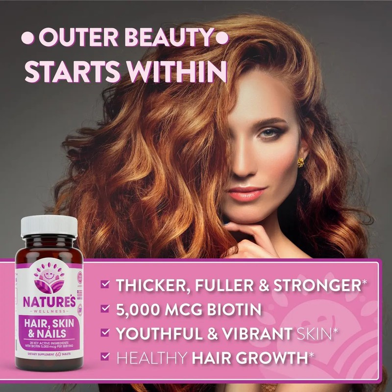 Biotina Natures Wellness para Cabello, Piel y Uñas con 60