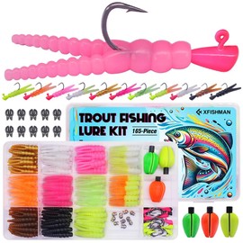 XFISHMAN-Trout-Fishing-Lure-Kit 165-Piece Creek & River Fishing Set with Split Tail Grub Worms, Shad Dart Jig Heads, Floats & Sinkers Ideal for Seasonal Trout Crappie Panfish