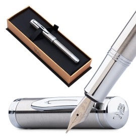 Wordsworth and Black Fountain Pen Mini EDC: Luxury Silver Heavy Pocket Pen, Chrome Finish, Medium Nib, 6 Ink Cartridges, Ink Converter, Travel Refillable Writing Pen Gift Set, Men & Women