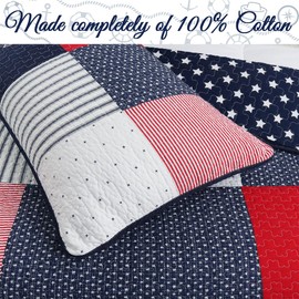 Cozy Line Home Fashions Navy Blue Red Striped Star Patriotic Boy 100% Cotton Reversible Quilt Bedding Set, All-Season Coverlet, Bedspread (Wallace Patchwork, Twin-2 Piece)