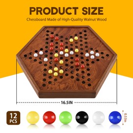 16.5IN Extra Large Wooden Chinese Checkers with Drawers 12 Bonus Spare Marbles| Natural Wooden Board Game| Includes 60 Colorful Glass Marbles | Family Board Game for Kids and Adult(16.5 Inches)