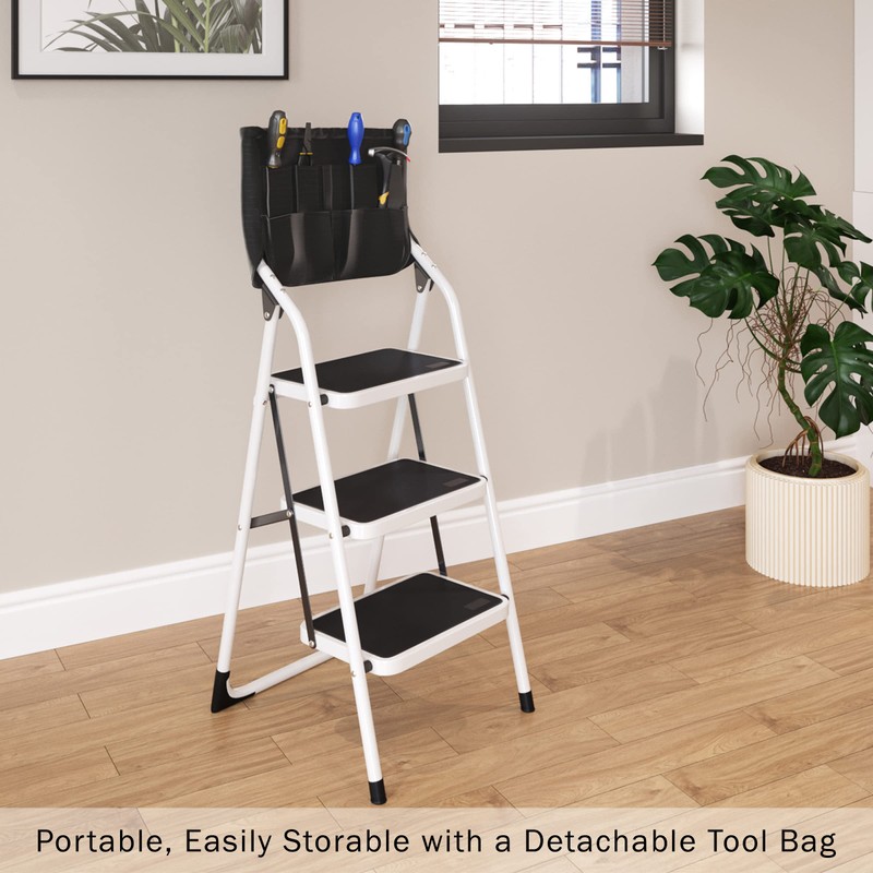 3-Step Stool - Folding Ladder with Handrails, Attachable Tool Bag,