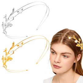 DonLeeving 2 Pcs Alloy Leaves Pearl Headbands Bridal Hair Hoop Wedding Hair Accessories Ornaments for Elegant Women Girls