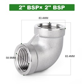 TAISHER 1 PCS 304 Stainless Steel 90 Degree Elbow Fittings, 2 Inch BSP Female Pipe to 2 Inch BSP Female 304 Stainless Pipe Fitting