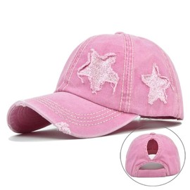 Washed Scratch Frayed Baseball Cap Retro Adjustable with Five-Pointed Stars for Men Women Trucker Cap Unisex, Pink, Medium