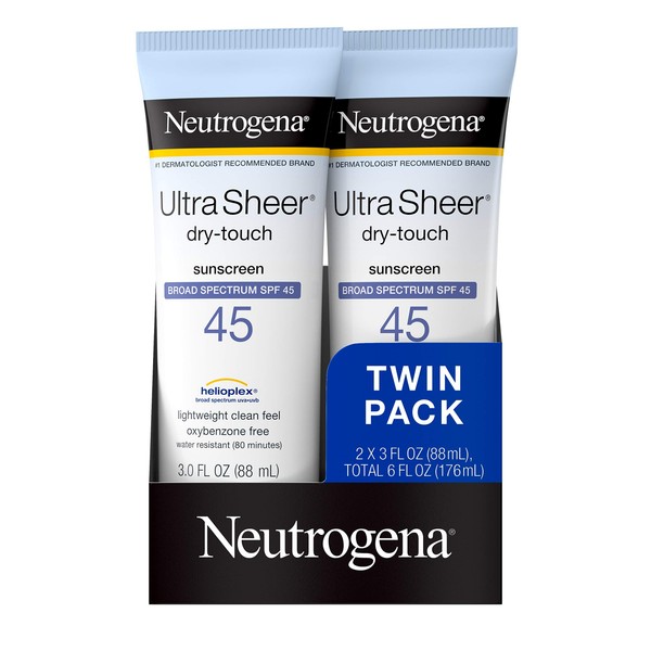 Neutrogena Ultra Sheer Dry-Touch Water Resistant and Non-Greasy Sunscreen Lotion with Broad Spectrum SPF 45, TSA-Compliant travel Size, 3 fl. oz, Pack of 2