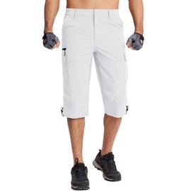 TACVASEN Men's Hiking Shorts Quick Dry 3/4 Capri Pants Multi Pockets Cargo Shorts White, 36