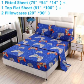 SDIII 4PCS Blue Gamer Sheets Full, Bed in a Bag Gaming Bedding Sheet Full, Wrinkle and Fade Resistant, Hotel Luxury, Cute Bedding Sheets for Kids, Boys and Girls, Full