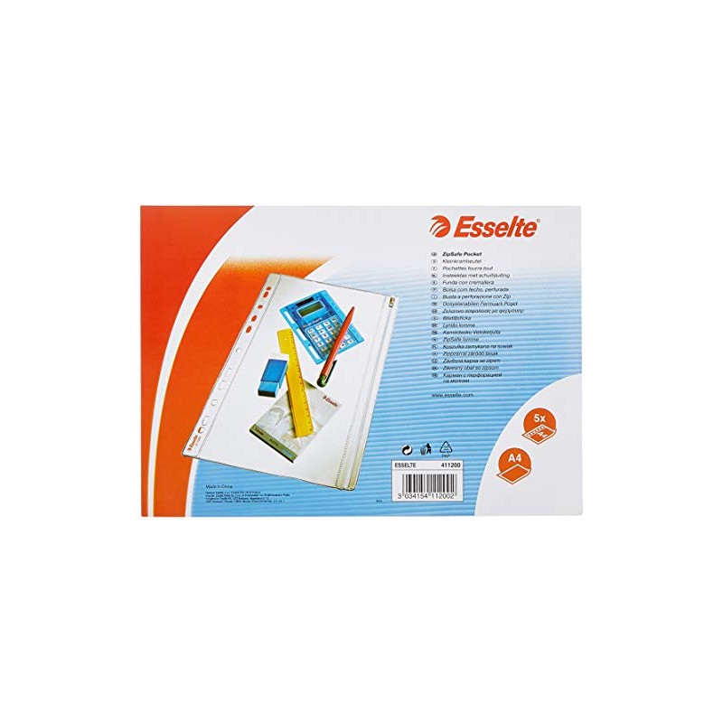 Esselte Reißverschlusstasche (DIN A4, PVC, Öffnung seitlich), 5 Stück transparent