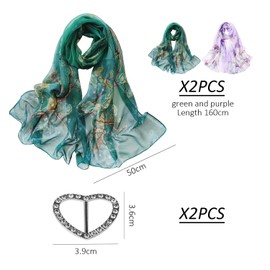 DUINIU 2 Women's Chiffon Scarves with 2 Silk Scarf Buckles, Winter Warm Scarf, Breathable Shawl, Lightweight Floral Imitation Silk Scarf, Silk Turban Scarf Shawl, Suitable for Daily Wear, Travel