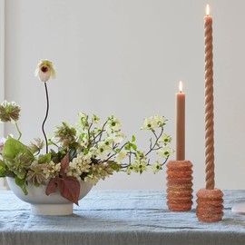 WORHE Candle Holders Italy True Natural Travertine Stone 0.4" Thick, Set of 2 Premium Marble Candlestick Holder for Wedding Dinning Party, Candle Stand for 3/4 inch Thick Candles Color Red (WH025)