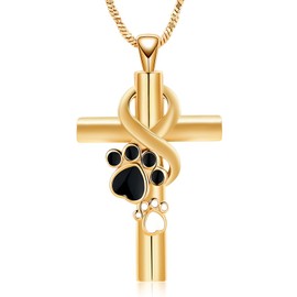 QGJNSGC Paw Print Cross Cremation Jewellery for Pet Infinity Cross Urn Necklace for Ashes Keepsake Loved One Memorial Jewellery for Dog/Cat Ashes (Gold)
