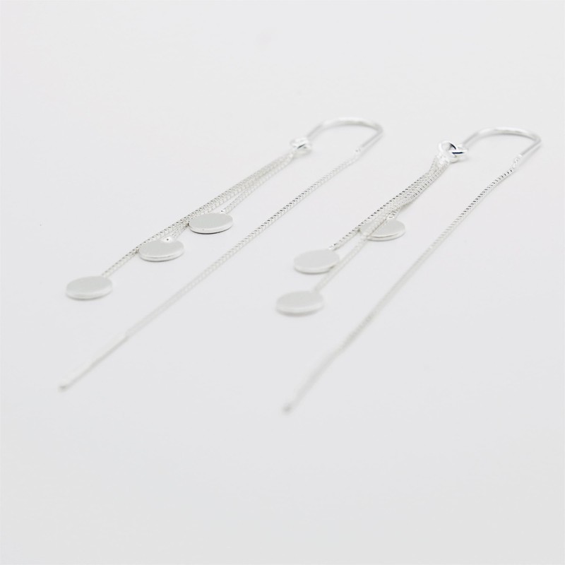925 Sterling Silver Triple Disc Threader Earrings, Dainty Tassel Drop
