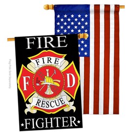 Two Group Fire Fighter House Flag Pack Armed Forces Firefrighter Fireman Department Rescue Red Line Hero Support USA Applique Decoration Banner Small Garden Yard Gift Double-Sided, 28"x 40", Imported