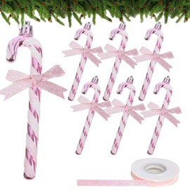 STIFFENERS 6pcs Pink Christmas Decorations, Candy Cane Christmas Decorations Glitter Pink Christmas Tree Decorations Candy Cane with Ribbon for Christmas Tree Decoration Hanging Ornaments (Pink)