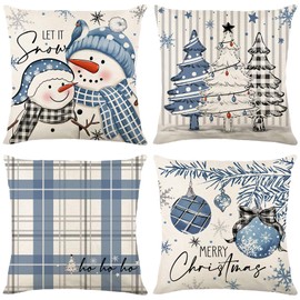 KY-Tech Christmas Cushion Covers, 4 Pack Christmas Pillow Covers Cotton Linen Christmas Pillow Cases Xmas Cushion Covers Christmas Decorations Pillow Covers, 18x18 inch (StyleS-Blue)
