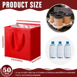 FoldTier 50 Pcs Insulated Take Away Bags Bulk Thermal Insulation Food Bag for Coffee Milk Tea Hot Cold Food Fresh Seafood Cooler Bag Pizza Delivery Bags for Catering Restaurant Grocery (Red)
