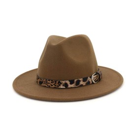 Women's Panama Hats Wide Brim Felt Fedora Hats with Leopard Belt Buckle, khaki