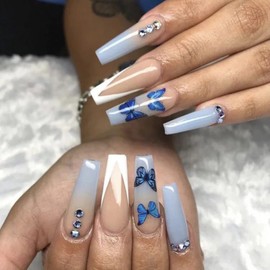 Luvadeyo Extra Long French Press On Nails Luxury Butterfly Rhinestone Fake Nails Blue Square Acrylic False Nails with Sticker Prom Women's Nails