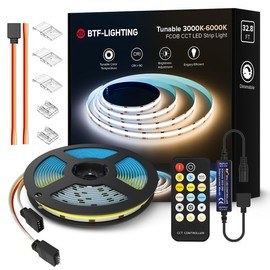 BTF-LIGHTING FCOB COB CCT 24V Kit Flexible High Density 32.8FT RF Dimmable Controller Tunable Color Temperture 3000K-6000K CRI 90+ LED Strip for Bedroom Kitchen Under Cabinet Indoor with DC24V Adapter