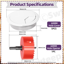 Swpeet 6Pcs White Desk Cable Wire Grommet Cord with Hole Saw, Tidy Cable Hole Cover Organizers, Desk Wire Cord Cable Grommets Hole Cover, 1Pcs 2.36Inch_60mm Tools Hole Saw with Arbor for Office Desk