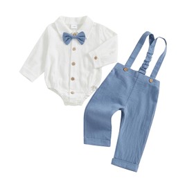 MAHUAOYIXI Toddler Boys Gentleman Suit 0-18 Months Long Sleeve Lapel Collar Button Down Romper Shirts with Bow Tie and Solid Color Suspender Pants 2 Piece Set Clothes, blue