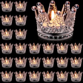 24 Pcs Birthday Clear Crown Votive Candle Holders Glass Crown Tealight Candle Holders Bulk Candlestick Votives for Tables Centerpieces Wedding Party Decoration(Clear Style)