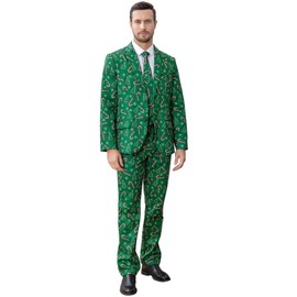 Fashonal Men's Ugly Christmas Suit - Green Suit Costume, Adult Blazer, Pants, Tie & Candy Cane - Size M