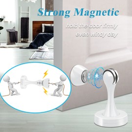 Door Stops, Magnetic Door Stop Stainless Steel Door Stoppers for Skirtings Floor Wall Mounted Soft Catch Magnetic Door Holder White Heavy Duty Magnet Door Stopper for Door Hold Open, 2Pack
