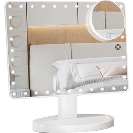 FUNTOUCH Large Lighted Vanity Makeup Mirror with Lights, Light Up Mirror with 35 LED Lights, Touch Screen Dimmable and 10X Magnification Mirror,Dual Power Supply,360°Rotation Tabletop Cosmetic Mirror