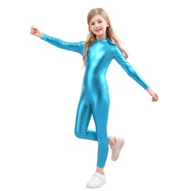 Genfirdom Girls Shiny Metallic Unitard Long Sleeve Leotard Turtleneck Kids Bodysuit for Costume Dance 3-12 Years(blue，9-10