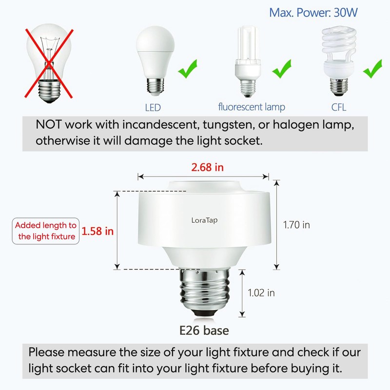 LoraTap Wireless Remote Control E26 Light Socket with Remote, 915MHz