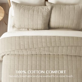 EVERGRACEHOME 100% Cotton Box Stitch Quilt Bedding Set Queen Size 3 Pieces, Garment-Washed Lightweight Soft Cozy Coverlet, Quilted Bedspread Sets with 2 Shams for All Season, Pebble Khaki