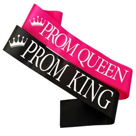 Prom King and Prom Queen Sash, Hot Pink and Black Sashes with Silver Foil Letter Graduation School Accessories Bachelorette Wedding Bridal Shower Party Favors Decoration