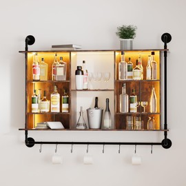 Bar Floating Shelves with Lights, Bar Shelf Wall Mounted with 8 S-Hook, Industrial Pipe Liquor Bottle Display Shelf, Adjustable Wood Floating Kitchen Shelves for Dining Rooms Gaming Room Decor