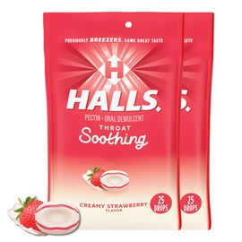VENANCIO'S SHOP HaIIs Throat Soothing (Previously Halls Breezers), 25 Drops per Bag, Creamy Strawberry Throat Drops (Pack of 2)