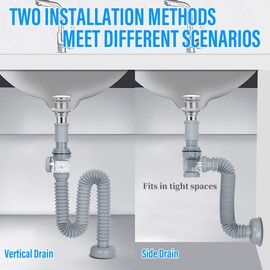 1-1/4" Bathroom Sink Drain, Universal Sink Drain Pipe W/Cleanout, P-Trap Backflow Prevention Flexible Sink Drain Kit, Expandable 10"-30" Tubing Pipe for Kitchen & Bathroom