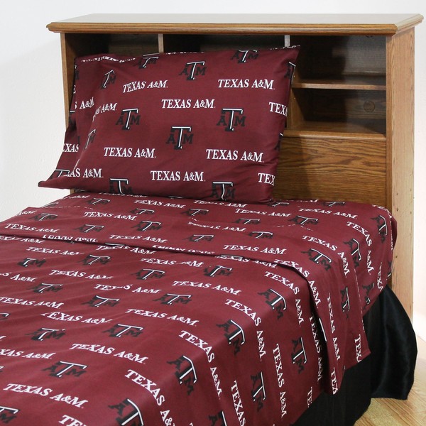 Everything Comfy Texas A&M Aggies Twin XL Sized 3 Piece Sheet Set, Team Color Background, 1 Flat Sheet, 1 Fitted Sheet, 1 Pillowcase