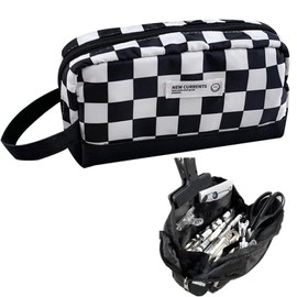KEYDUACU High Capacity Pencil Case for Teen - Black & White Checkered, Large Pen Bag Organizer with Easy Grip Handle & Loop, Includes Funny & Cute Journaling Supplies(Checkered)