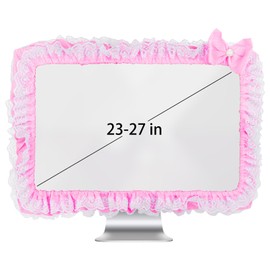 Kingshion 23"-27" Lovely Cute Computer Monitor Cover with Lovely Cute Elastic Pen Pocket Bow-knot TV LCD Screen Monitor Decoration Dust Cover Protector, Lace Fabric, Pink