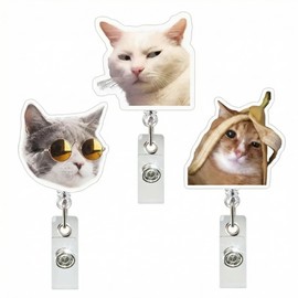 ZEMRTWAY 3 Pack Funny Meme Cat Badge Reels, Retractable ID Badge Holder with Sturdy Clip & 24" Nylon Cord, Cute Badge Reels for Nurses Teachers Students Office Workers Cat Lover Gift