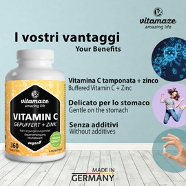 Pure Buffered Vitamin C 1000 mg Daily + High Dose Zinc, 360 tablets, Vegan and Excellently Bioavailable, Natural Vitamin C Supplement without unnecessary additives, German Quality. Vitamaze®