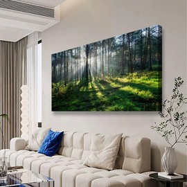 Nature Canvas Wall Art Bedroom Wall Decor Living Room,Forest Wall Art Office Kitchen Paintings Artwork Modern Sunlight Green Forest Scenery Pictures Art Prints Waterproof Ready to Hang-20x40inch