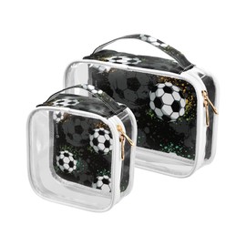 SUABO White and Black Soccer Toiletry Bag, 2 Pack Clear Makeup Bags with Handle Large Opening, Clear Toiletry Bags Fit Carry-on Travel Essential