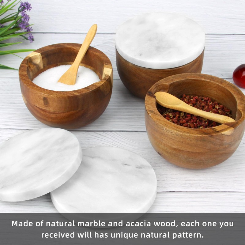Salt Cellar Box with Lid & Spoon, Marble Lid Set