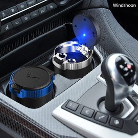 Windshoon Smokeless Car Ashtray with Lid - Stainless Steel Inner Container Windproof Ashtray, Portable LED Blue Light Auto Accessories for Travel, Detachable Mini Trash Can (Blue 1-Pack)