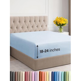 Extra Deep Full Fitted Sheet - Hotel Luxury Single Fitted Sheet Only - Sheet Easily Fits 18 inch to 24 inch Mattress - Soft, Wrinkle Free, Breathable And Comfy Extra Deep Pockets Sky Blue Fitted Sheet